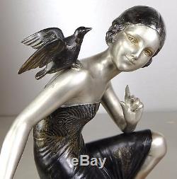 1920/1930 Uriano Rare Grande Statue Sculpture Art Deco Femme Enfant Oiseaux Sprb