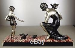 1920/1930 Uriano Rare Grande Statue Sculpture Art Deco Femme Enfant Oiseaux Sprb