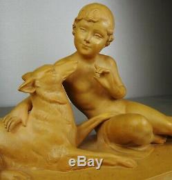 1920/1930 Ugo Cipriani Spb Statue Sculpture Ep Art Deco Terre Cuite Enfant Chien