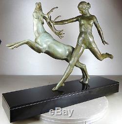 1920/1960 Dvina Rare Grande Statue Sculpture Art Deco Diane Nue Chasseresse Cerf