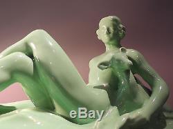 1920/30 Le François Rare Sculpture Femme au Faon Art Déco Rare couleur Verte