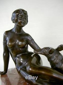 1920 SUPERBE SCULPTURE MARCEL BOURAINE ART DECO FEMME AU BARZOI PATINEE BRONZE