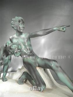 1930 Max Le Verrier Grande Sculpture En Fonte D'art Et Pierre Art Déco
