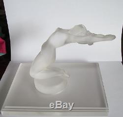 1960s Lalique CHRYSIS Art Deco Crystal Glass Car NUDE Woman Sculpture BOOKEND