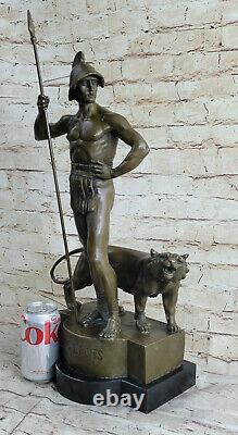 51 CM Art Déco Sculpture Guerrier Homme Tame Lion Bronze Statue Figurine