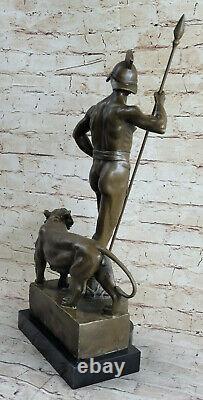 51 CM Art Déco Sculpture Guerrier Homme Tame Lion Bronze Statue Figurine