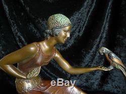 Ancienne Statue Sculpture En Bronze Femme Au Perroquet Signee Chiparus XX Siecle