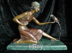Ancienne Statue Sculpture En Bronze Femme Au Perroquet Signee Chiparus XX Siecle