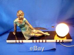 ANTIQUE 1920-1930 Art Deco LAMP SCULPTURE & SIGNED GIRL & DOVE VINTAGE