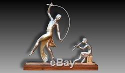 ART DECO J. D. Guirande. 1930 Bronze MAGNIFIQUE SCULPTURE. DANSEUSE ET FAUNE