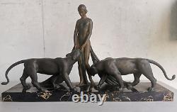 ART DECO Sculpture BRONZE Alexandre OULINE femme aux panthères Maiden Panthers