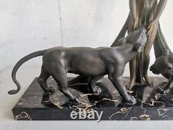 ART DECO Sculpture BRONZE Alexandre OULINE femme aux panthères Maiden Panthers