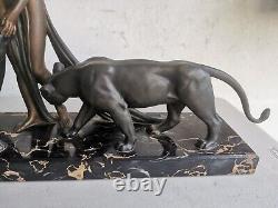 ART DECO Sculpture BRONZE Alexandre OULINE femme aux panthères Maiden Panthers