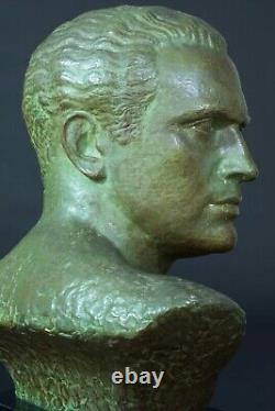 Ancien Grand Bronze portrait homme Mermoz Art deco signé Lucien Gibert