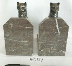 Ancien Serre livre CHAT, Art Déco, sculpture chat en régule et support marbre