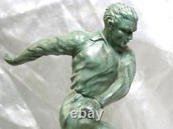 Ancien Trophée Joueur Football Statue Sculpture Patine Bronze Art Deco