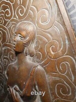 Ancien bas relief plaque en bronze art deco sculpture femme 2 faces différentes