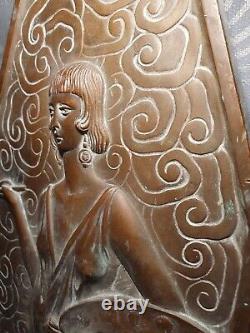 Ancien bas relief plaque en bronze art deco sculpture femme 2 faces différentes