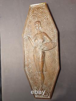 Ancien bas relief plaque en bronze art deco sculpture femme 2 faces différentes