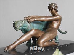 Ancienne Grande Sculpture Statue Art Deco Panthere Nu Feminin OULINE