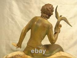 Ancienne Sculpture Art Deco Statue Femme A L Oiseau Metal D'art