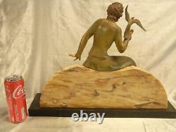 Ancienne Sculpture Art Deco Statue Femme A L Oiseau Metal D'art