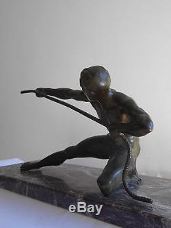 Ancienne Sculpture Statue Art Deco en Bronze Nu Masculin Athlete GANTCHEF