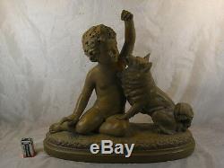 Ancienne Sculpture Terre Cuite Art Deco Enfant Chien B Rezl Antique Children Dog