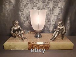 Ancienne lampe veilleuse art déco 1930 sculpture statuette enfant fille & garçon