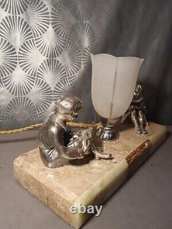 Ancienne lampe veilleuse art déco 1930 sculpture statuette enfant fille & garçon