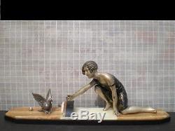 Ancienne sculpture art deco 1930 P. SEGA fille oiseau antique statue femme woman