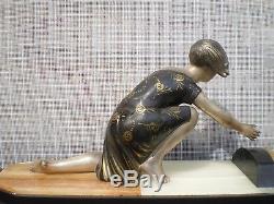 Ancienne sculpture art deco 1930 P. SEGA fille oiseau antique statue femme woman