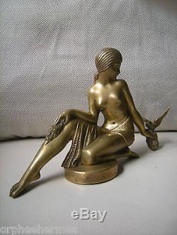 Ancienne sculpture art deco en bronze femme nue oiseau antique statue nude woman