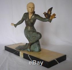 Ancienne sculpture art deco statue femme & oiseau 1930 woman figural with bird