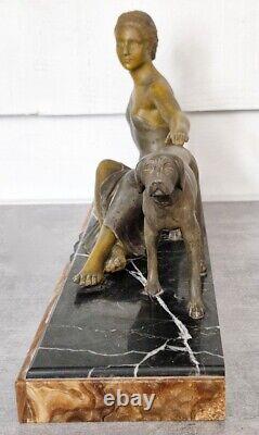 Antique statue sculpture régule art déco femme au chien attribuée Ugo Cipriani