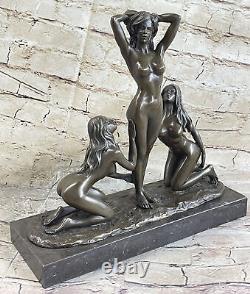 Art Déco Érotique 3 Chair Femme Bronze Sculpture Marbre Base Figurine Statue