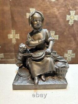 Art Déco Fonte Détaillé Enfant Fille Bronze Sculpture Statue Figurine Chat Vol