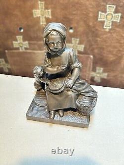 Art Déco Fonte Détaillé Enfant Fille Bronze Sculpture Statue Figurine Chat Vol