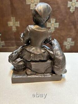 Art Déco Fonte Détaillé Enfant Fille Bronze Sculpture Statue Figurine Chat Vol