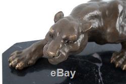 Art Deco Hot Cast Bronze Big Cat Statue Sculpture Marble Base