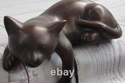 Art Déco Lion Signée Bronze Statue Figurine Cubiste Sauvage Chat Fonte Décoratif