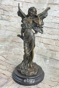 Art Déco Magique Fairy Avec Ailes Doré Bronze Sculpture Marbre Base Statue Solde