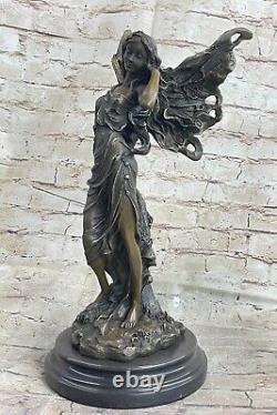 Art Déco Magique Fairy Avec Ailes Doré Bronze Sculpture Marbre Base Statue Solde