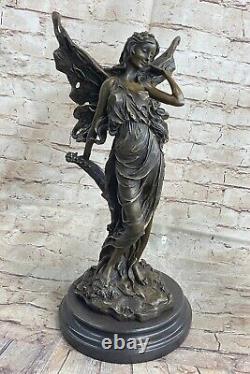 Art Déco Magique Fairy Avec Ailes Doré Bronze Sculpture Marbre Base Statue Solde