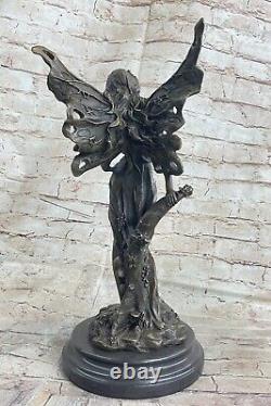 Art Déco Magique Fairy Avec Ailes Doré Bronze Sculpture Marbre Base Statue Solde