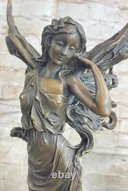 Art Déco Magique Fairy Avec Ailes Doré Bronze Sculpture Marbre Base Statue Solde