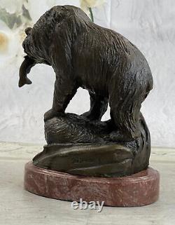 Art Déco Ours Et Poisson Musée Qualité Ouvre Par Jim Ponter Bronze Sculpture