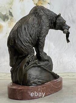 Art Déco Ours Et Poisson Musée Qualité Ouvre Par Jim Ponter Bronze Sculpture