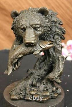 Art Déco Ours'Holding' Poisson Main Fabriqué Bronze Sculpture Marbre Cadeau