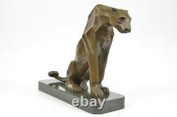 Art Déco Statue Bronze Panther Monté sur Un Noir Marbre Base H. Moore Decorativ